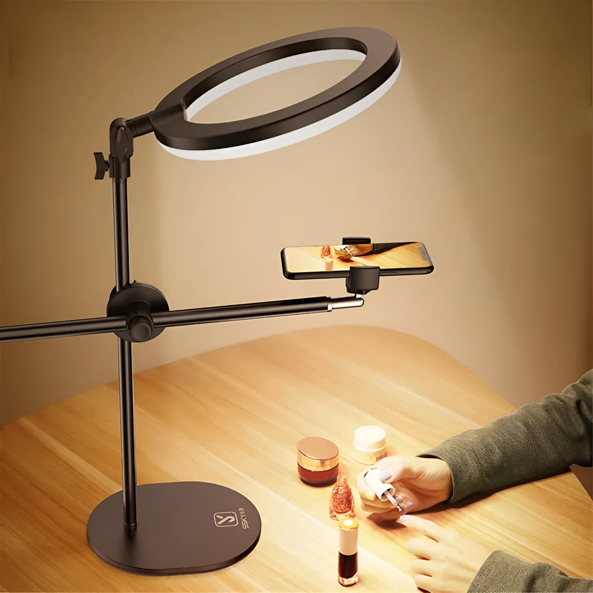 Black mobile phone bracket fill light for live broadcast, with 10-inch fill light option and general fit.