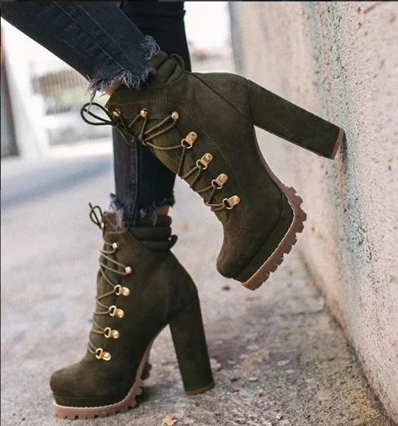Women's suede high-heel ankle boots in army green with waterproof platform and rivet detailing