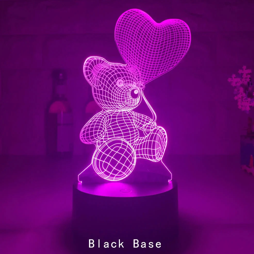 3D acrylic teddy bear LED night light with remote control showing 16 colour options and 85mm base