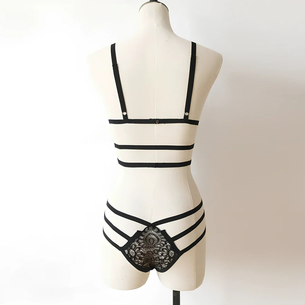 Women's full slip lingerie with lace hollow-out detailing and adjustable spandex chest support