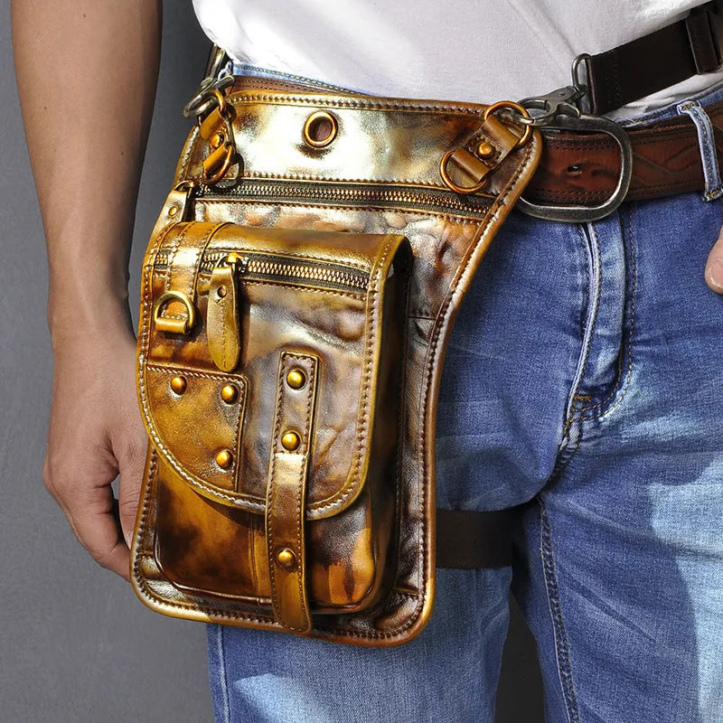 Men's black punk fanny pack with cowhide leather, zipper closure, and internal phone and ID compartments.