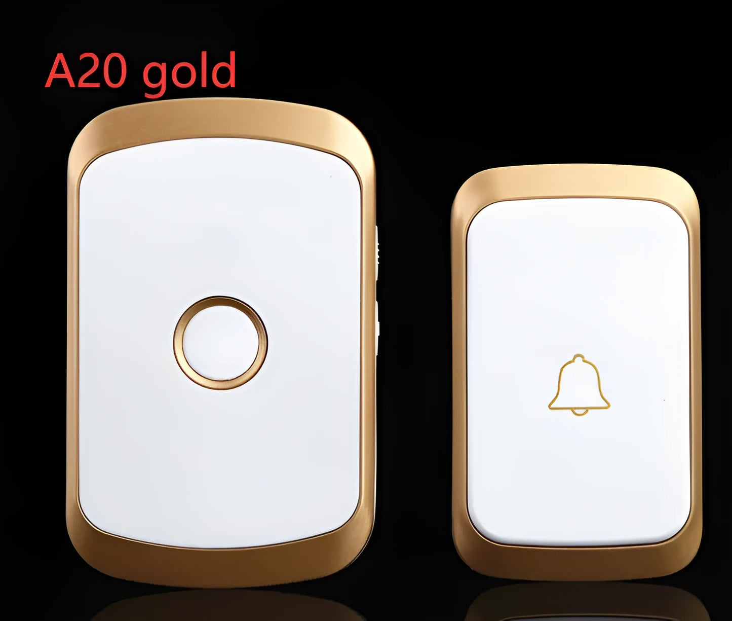 White wireless doorbell kit with plug-in chime and battery-powered button on a wooden door