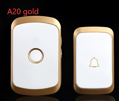 White wireless doorbell kit with plug-in chime and battery-powered button on a wooden door