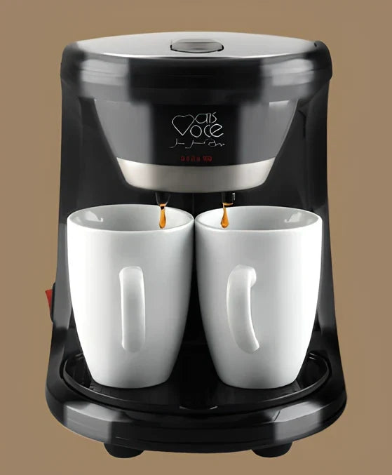 Automatic American coffee machine in black brewing two cups simultaneously with included 180ml ceramic cups and 5g spoon