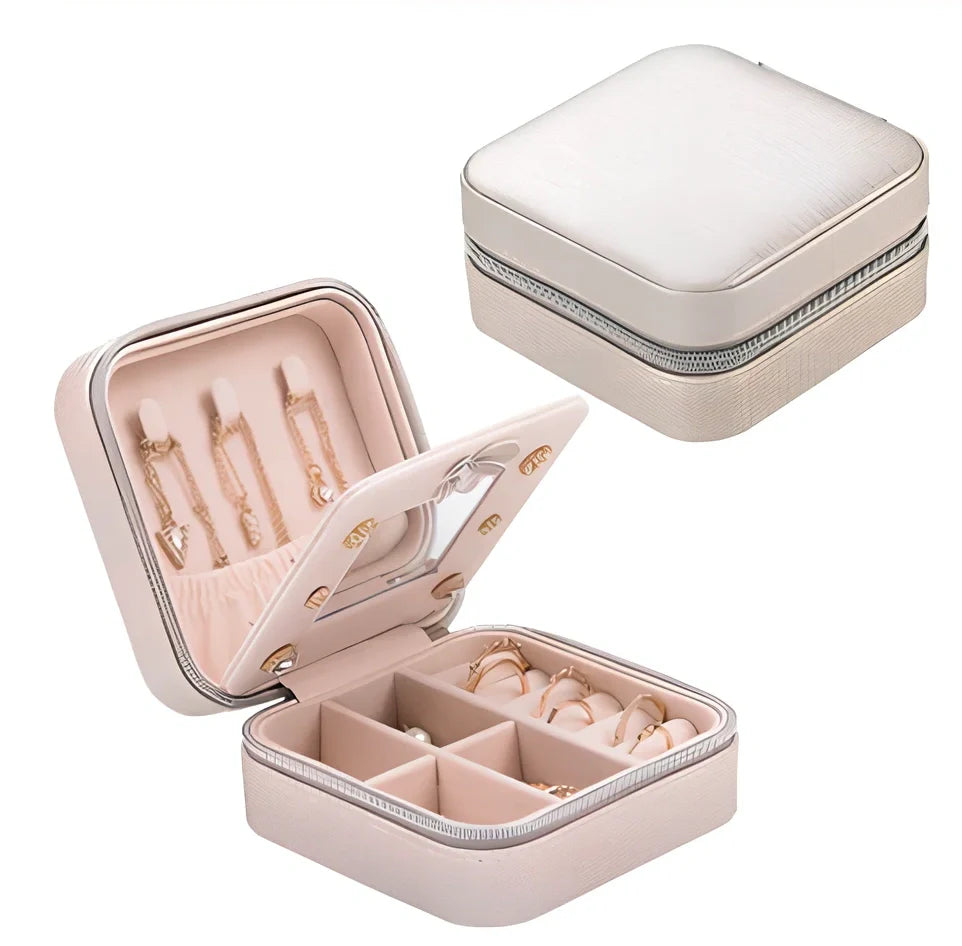 Three-layer travel jewellery box with PU leather exterior and secure closure for organised accessory storage