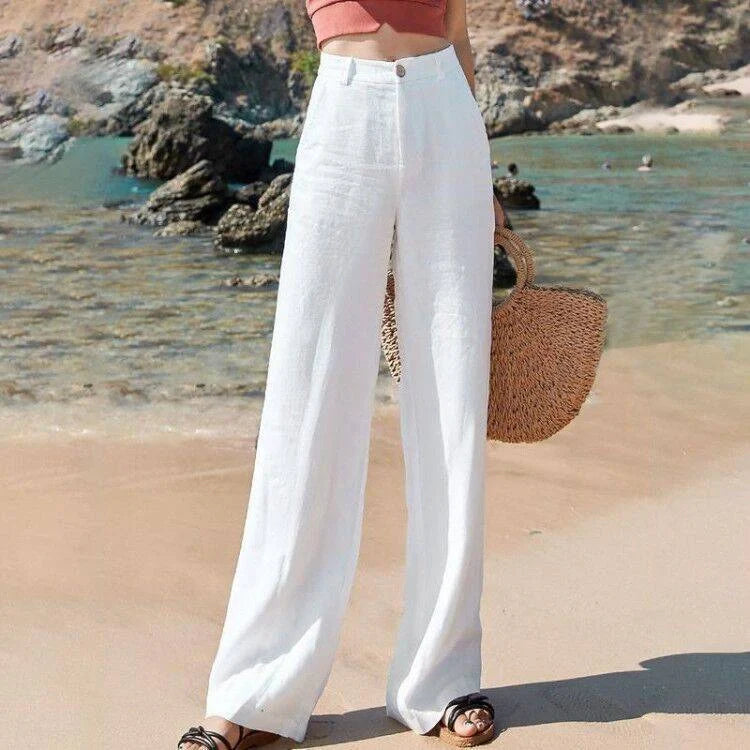 Women's cotton and linen high-waist straight leg pants in a variety of colors