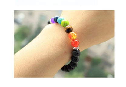 Handcrafted black lava beaded bracelet with seven chakra stones for healing and balance