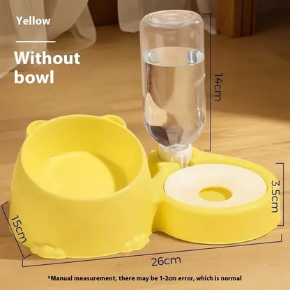 Green automatic cat water basin with two stainless steel bowls on ceramic base