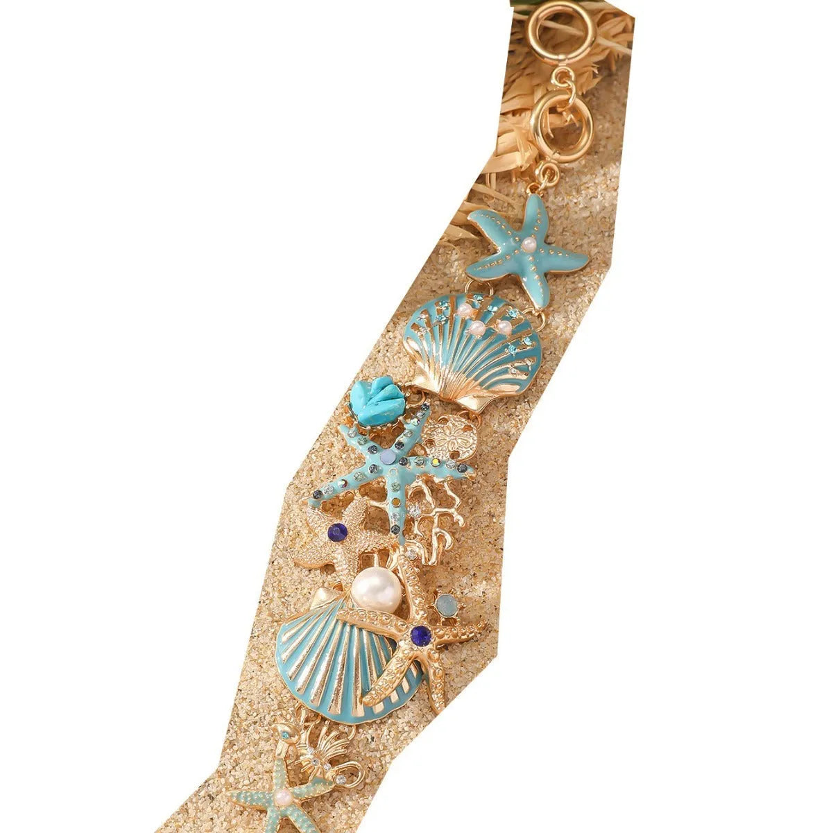 Alloy rhinestone marine bracelet with starfish design in turquoise, coral red, or coral blue for women's holiday wear