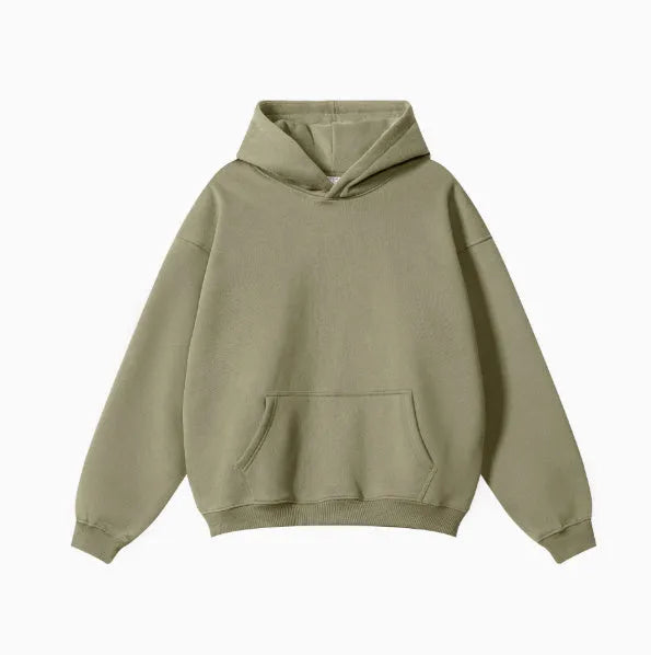 Men's grey terry hooded sweater with drop-shoulder sleeves and front pocket, showing textured cotton fabric