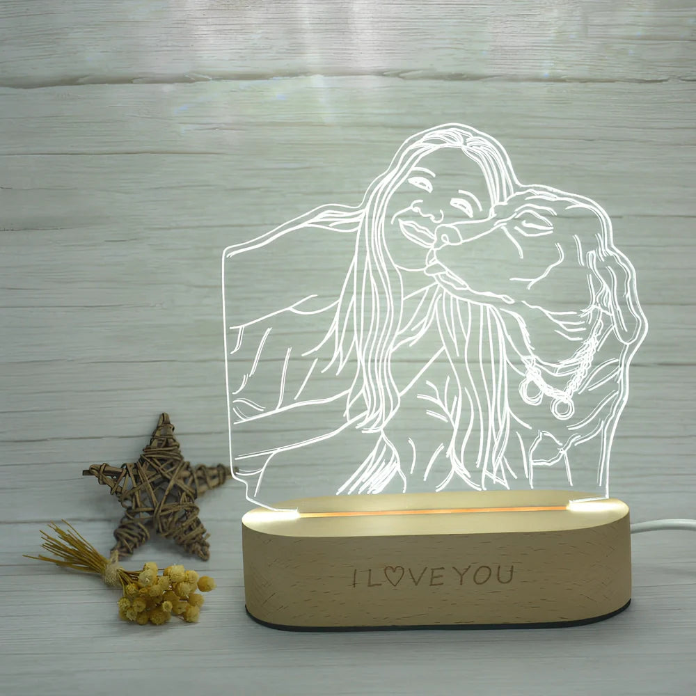 Custom 3D stereo night light displaying personalised portrait with LED illumination through acrylic casing