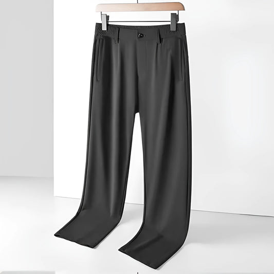 Men's black Ice Silk straight leg leisure trousers with elastic waistband laid flat