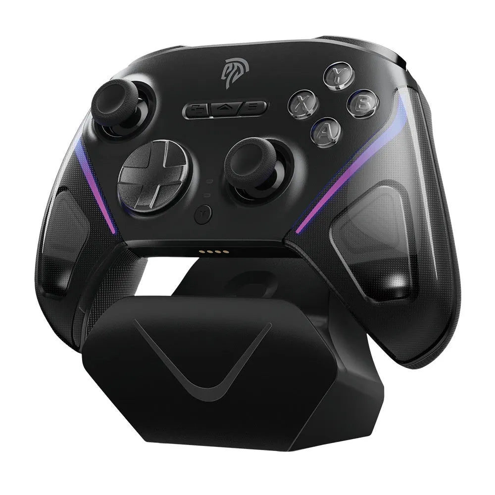 Rocker Smart gaming controller in black on its charging dock, showing textured double-cut triggers and Type-C port