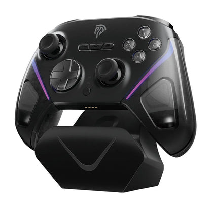 Black Rocker Smart Startstop Charging Base with wireless game controller docked, showing Type-C port.