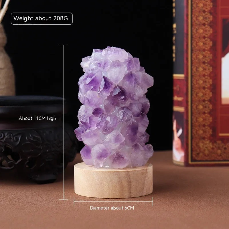 Amethyst crystal night light USB plug-in small lamp featuring natural amethyst tooth flower mineral cluster with cold or warm light settings for bedroom, nursery, or desk ambient lighting