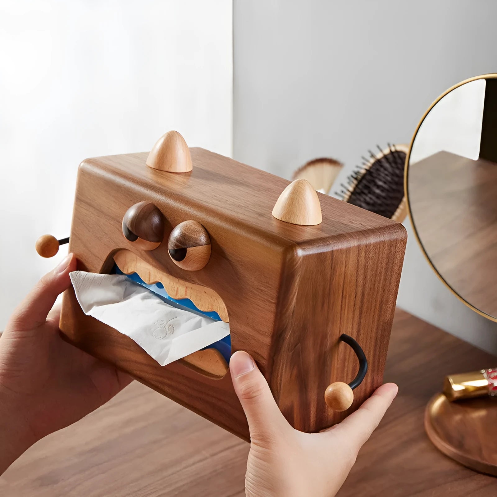 Little Monster cartoon design wooden tissue box in walnut beech wood, 190mm wide.