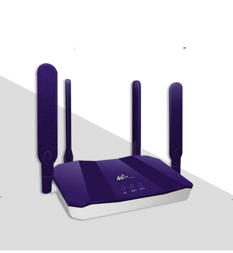 Blue 4G and wired dual-mode router with four antennas, measuring 153x137x21mm, on a desk with Ethernet cable