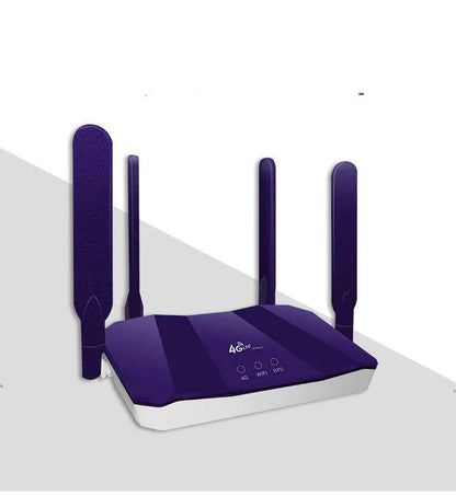 Blue 4G and wired dual-mode router with four antennas, measuring 153x137x21mm, on a desk with Ethernet cable
