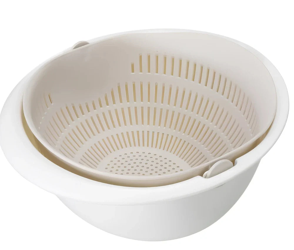 Double-dish sink drain basket with 30cm upper tier and 25cm lower tier in apricot colour