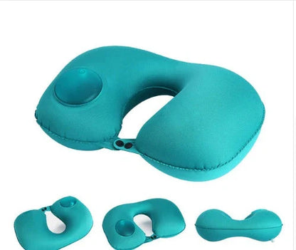 Inflatable U-shaped travel pillow with built-in air valve for customizable comfort and neck support during flights and car travel