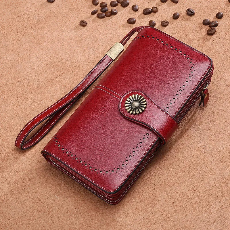 Women's long zipper clutch wallet in bovine split leather with polyester lining, vertical square shape, available in Black, Green, Red, and Yellow.