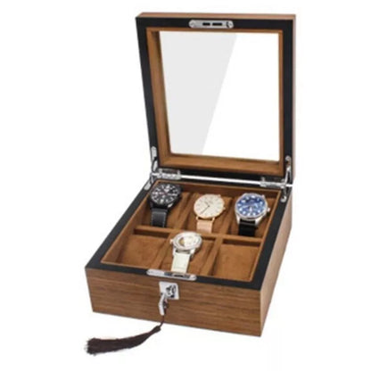 Matte wood grain lock watch storage box with 5 slots, brown color