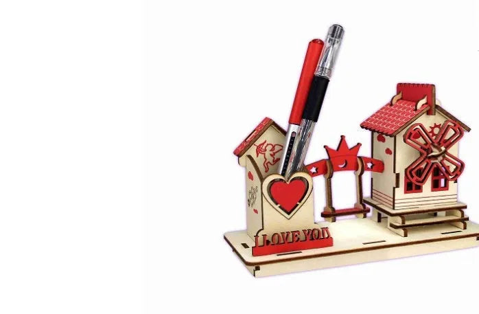 Wooden DIY Pen Holder 3D Puzzle Model Kit Laser Cut Small 2 Board Teenager Craft Build Your Own Desk Tidy Red Love Pen Holder