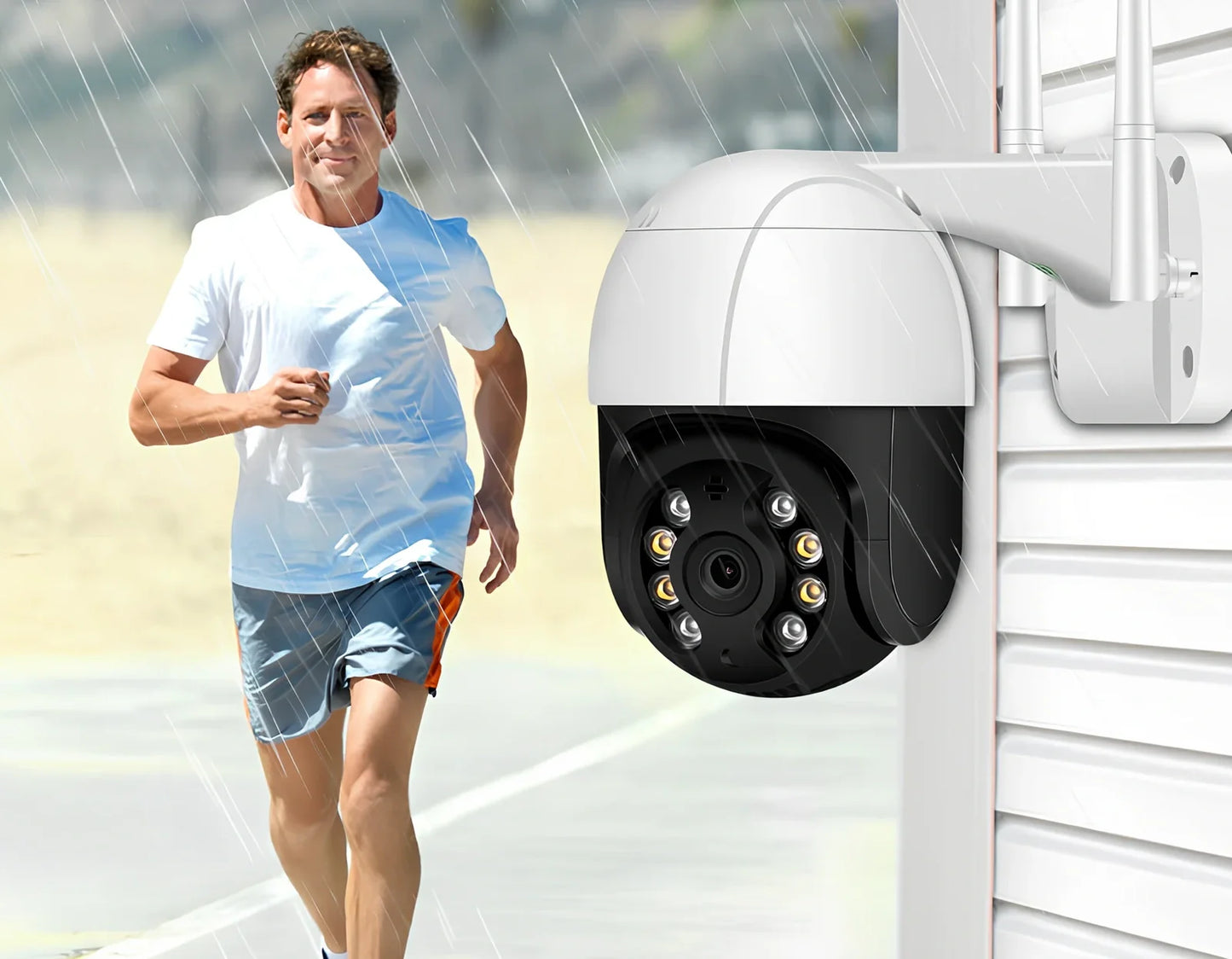 White wireless PTZ surveillance camera with dual antennas and rotational base for 270-degree coverage