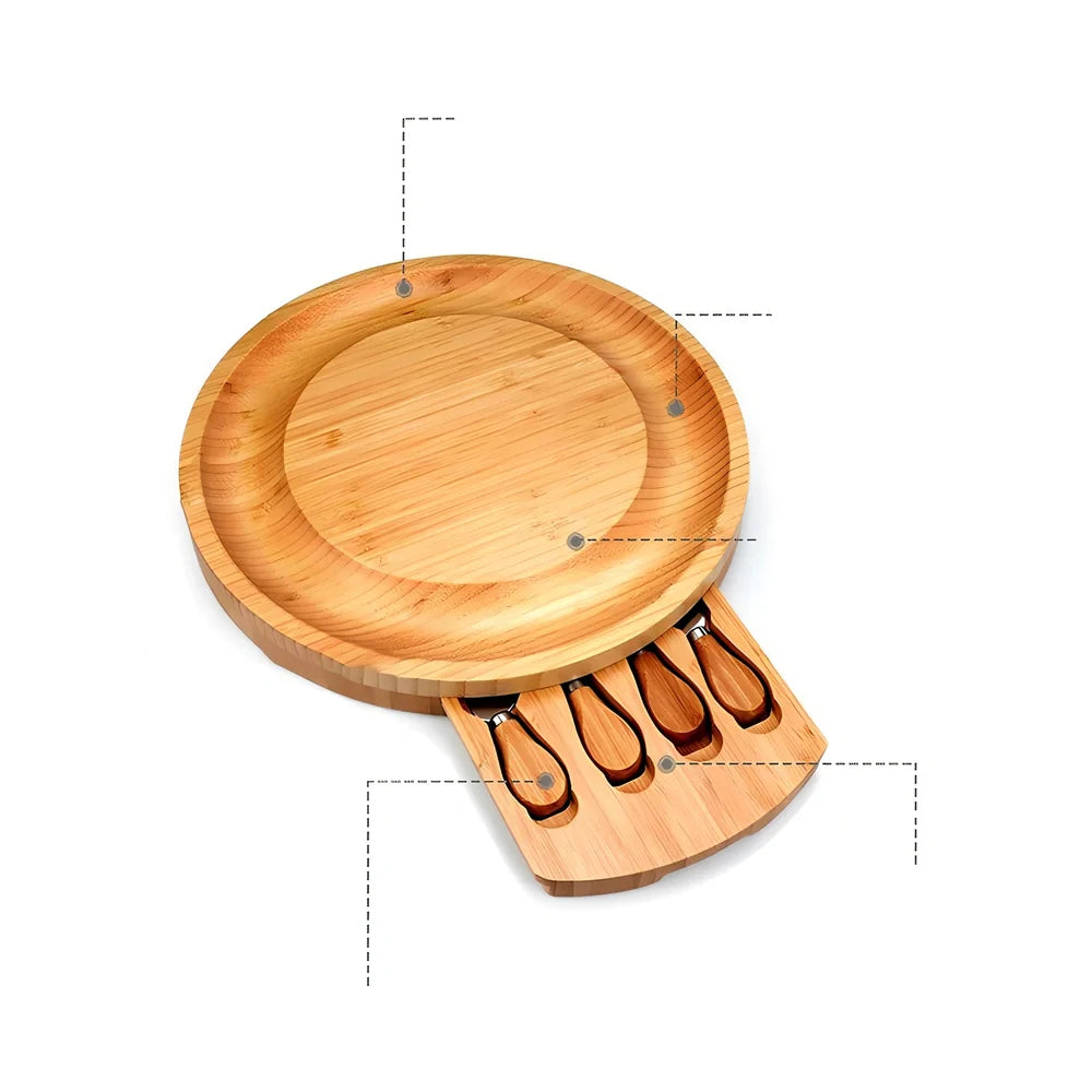 Round bamboo cheese board 25cm with knife on wooden table