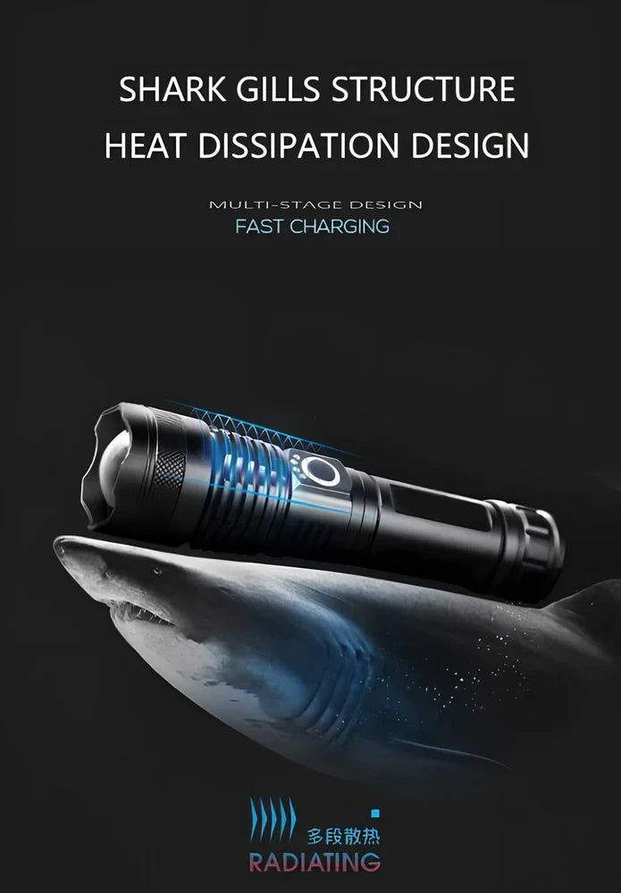 Black aviation aluminium LED torch with telescopic zoom lens showing extended and retracted positions