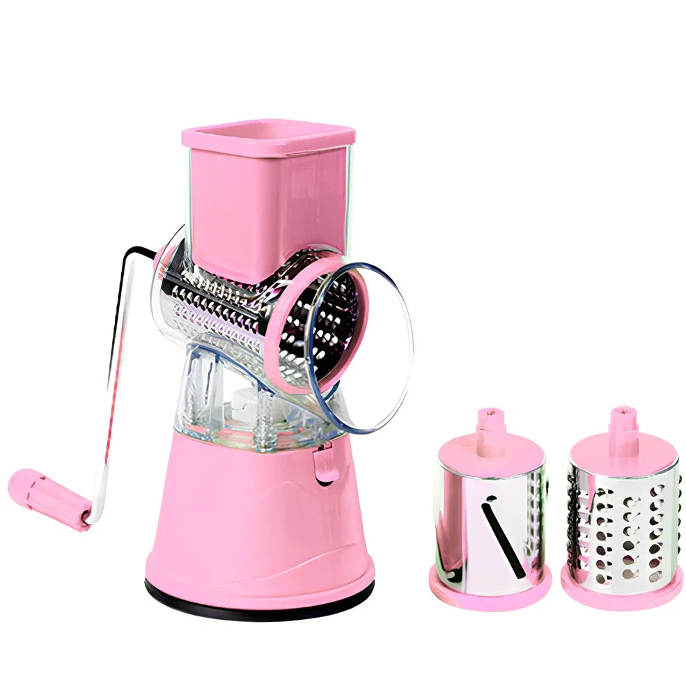 Manual stainless steel drum cutter with blue finish and hand crank for vegetable slicing