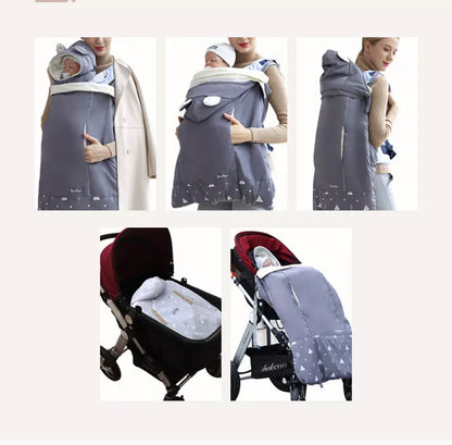 Adjustable windproof baby carrier cloak in blue, dark grey, or wine red with reflective tape