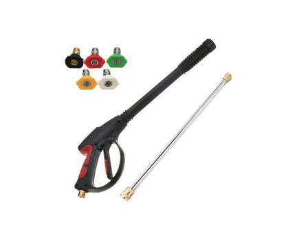 Black M22 lengthened pressure washer gun with engineering plastic body, all-copper head, extension rod, and 5-colour nozzle.