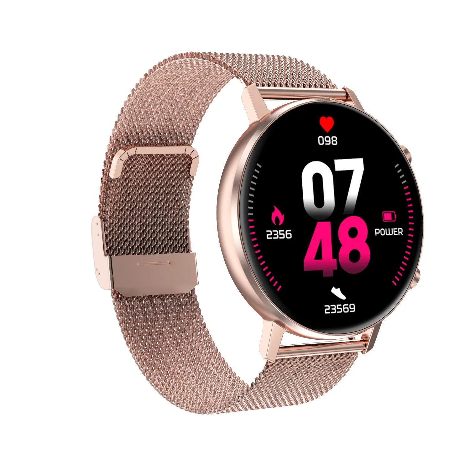 DT96 fitness tracker with steel strap on wrist, showing 1.3-inch screen displaying step count.