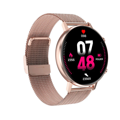 DT96 fitness tracker with steel strap on wrist, showing 1.3-inch screen displaying step count.