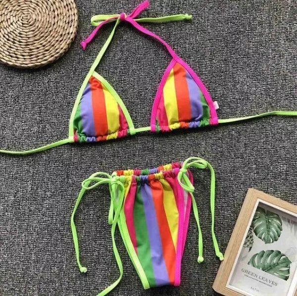 Candy-colored stitching halter bikini in black, green, and multicolor options