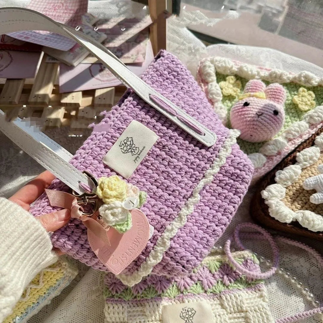 Wool crocheted bear design cloth shoulder bag with wooden handle