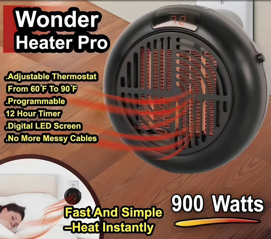 Black portable mini heater with temperature control dial showing 15-32°C range and compact design
