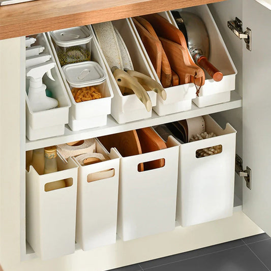 Plastic kitchen cabinet organiser storage box with no-drill installation in multiple sizes