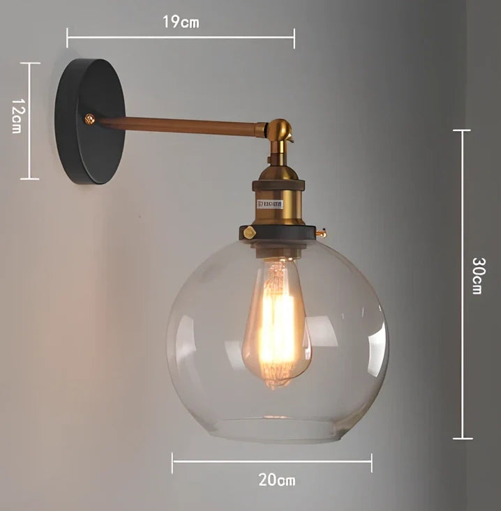 Vintage industrial wall lamp with glass body and adjustable lighting settings