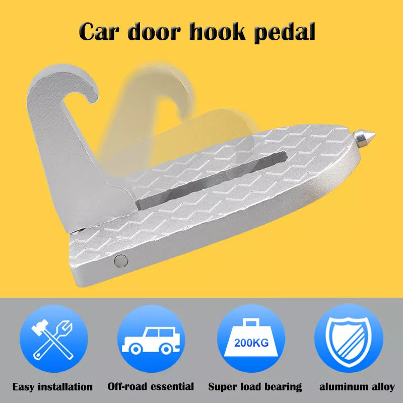 Universal foldable car door step pedal with safety hammer in black and silver