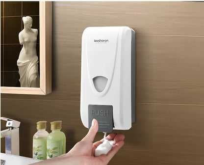 White wall-mounted hand press foam soap dispenser with 1000ml capacity and compact design