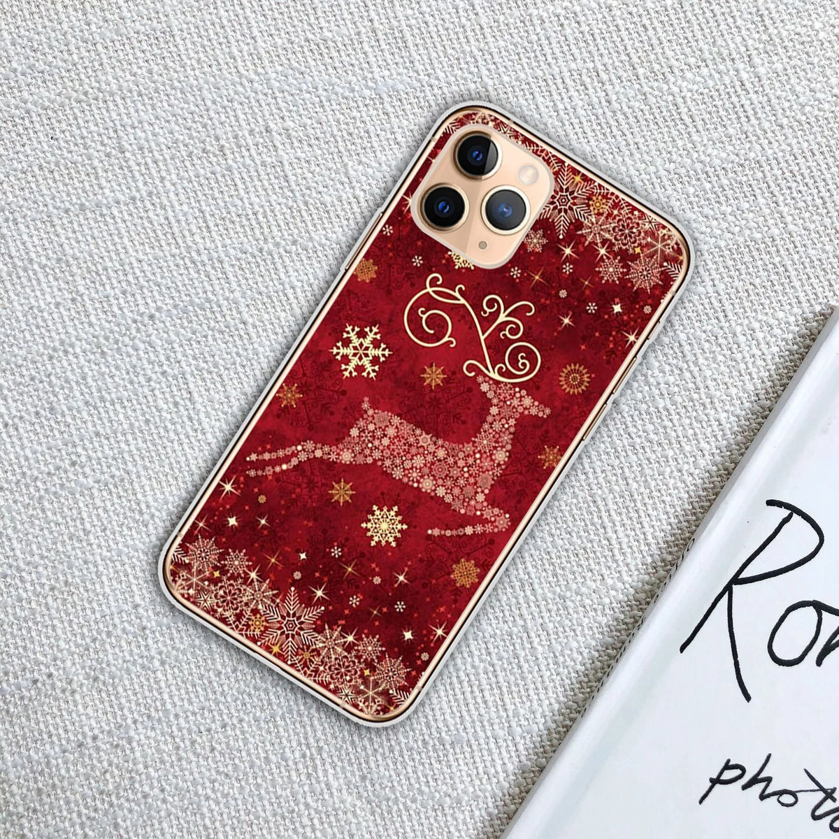Christmas transparent phone case with festive design for iPhone models, available in eight styles.