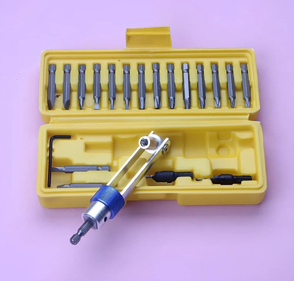 Half Time Drill driver with swivel head and 18 bits including Phillips, flathead, and countersink options