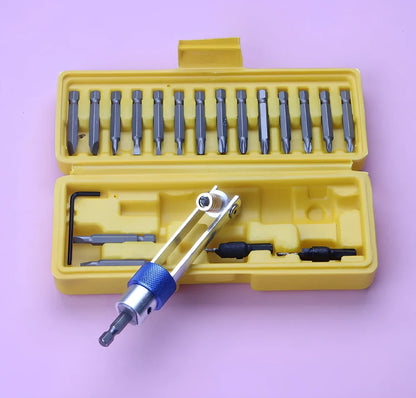 Half Time Drill driver with swivel head and 18 bits including Phillips, flathead, and countersink options