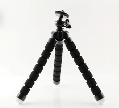Black flexible octopus tripod stand wrapped around a branch holding a smartphone for angled video capture