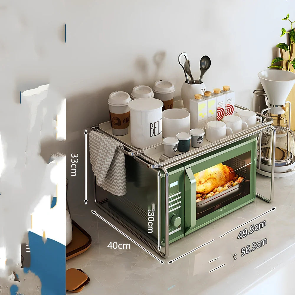 Korean style iron microwave shelf with plating finish and storage tray for kitchen organisation