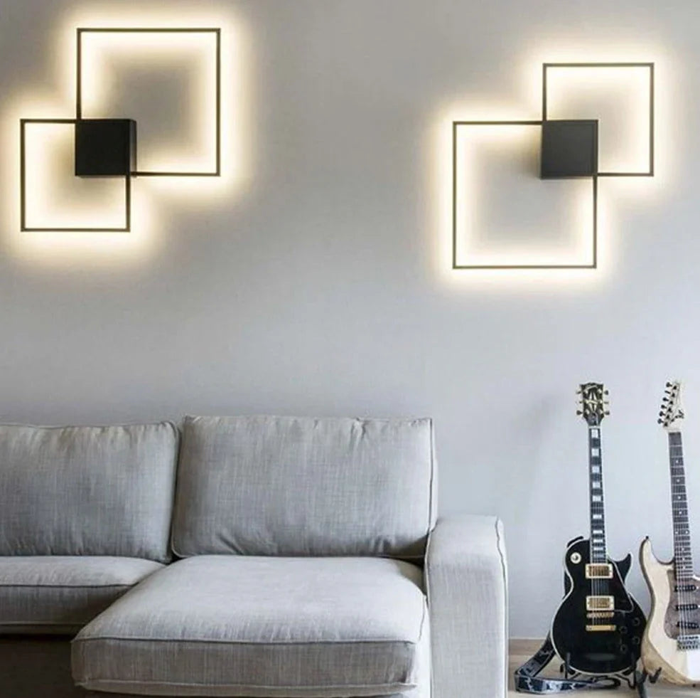 Square 35.3cm geometric LED wall light in white, iron frame with acrylic diffuser, 20W-24W output