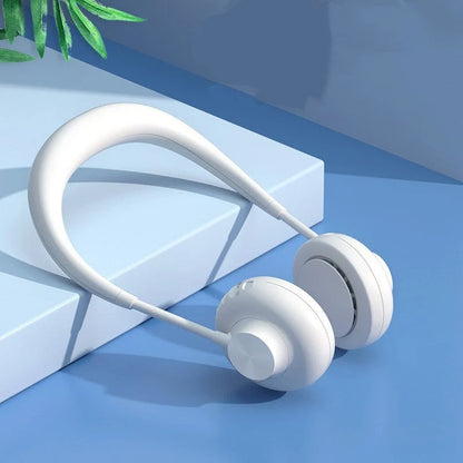 Bladeless neck fan in various colors with USB charging cable