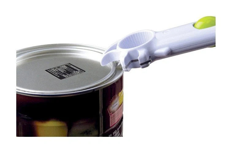 Universal can opener with six functions for easy opening of cans, bottles, and jars